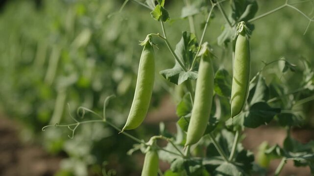 Lush green pea pods maturing on a vibrant plant in a sunlit field, highlighting the concepts of organic farming, fresh produce, and sustainable agriculture for healthy vegetarian eating