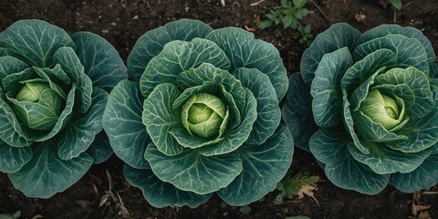 Fototapeta premium Lush Green Cabbage Heads in Garden Soil - Top View, Natural Lighting