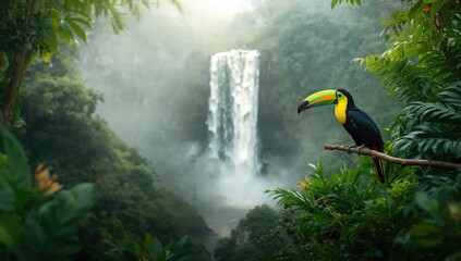 Fototapeta premium Toucan Perched on a Branch Near a Waterfall in a Lush Green Landscape