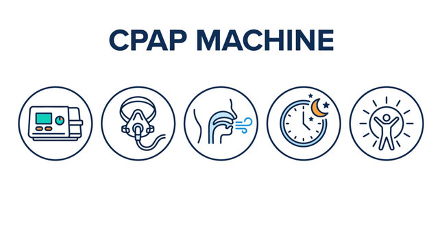CPAP Machine Medical Infographic with five circular icons illustrating sleep apnea treatment steps on white background ideal for healthcare presentations and sleep disorder awareness.