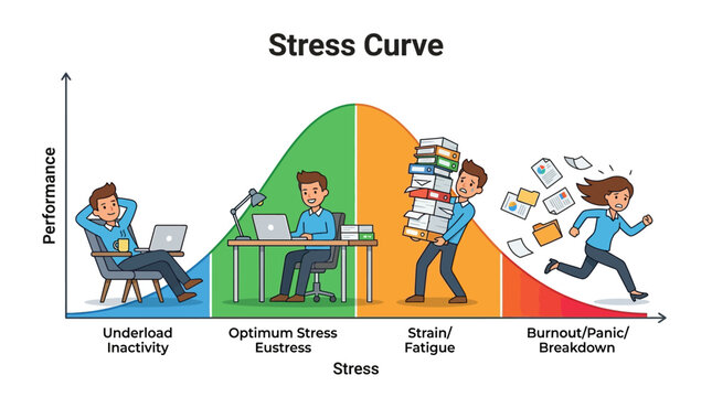 Stress Management Infographic showing performance curve from inactivity to burnout with office characters, ideal for mental health presentations and corporate wellness training.
