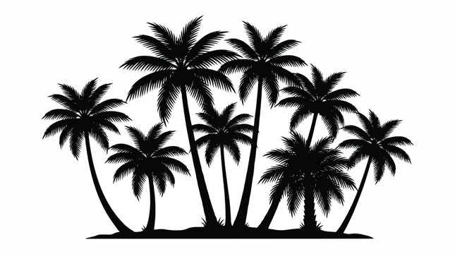 Detailed black silhouette vector illustration featuring a group of tropical palm trees arranged together on a simple white background surface