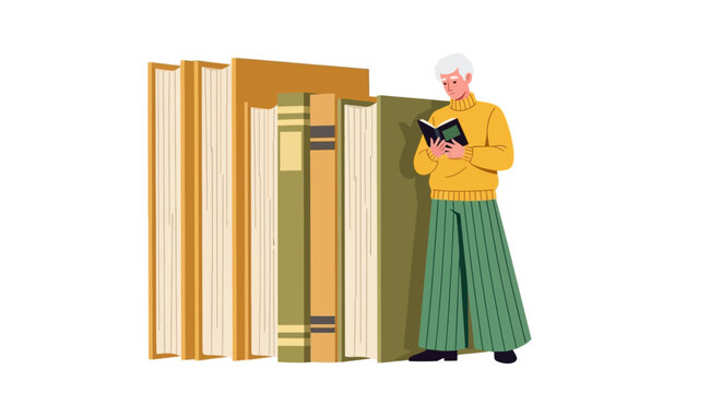 Senior man reading book in library, elderly male character standing by giant books, retired person enjoying literature and education concept