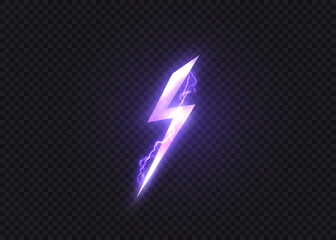 Fototapeta na wymiar Glowing purple lightning bolt with electric sparks for game energy, power, speed, attack indicators and fantasy interface design. Vector illustration.
