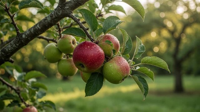 Delicious red and green apples covered with dewdrops hanging from a branch in an orchard, with the warm evening sun filtering through the trees in the blurred background