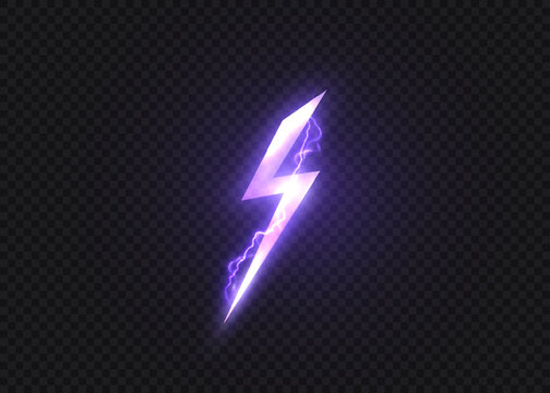 Glowing purple lightning bolt with electric sparks for game energy, power, speed, attack indicators and fantasy interface design. Vector illustration.