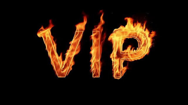 Fiery vip letters burning with intense orange flames and hot sparks on a black background. Exclusive concept for very important person, success, status, and luxury entertainment events