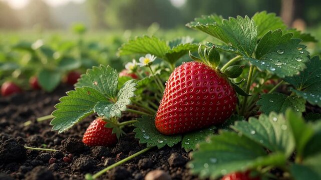 Perfect red strawberry growing on the vine in a lush garden bed, its vibrant leaves covered in fresh morning dew drops. Healthy organic farming and agriculture concept for nutritious fruit