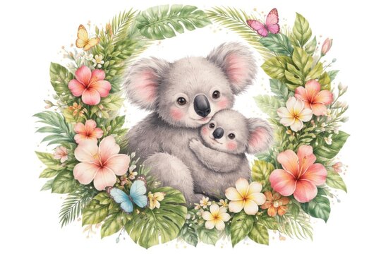 Koalas Surrounded by Tropical Flowers and Butterflies in a Colorful Wreath