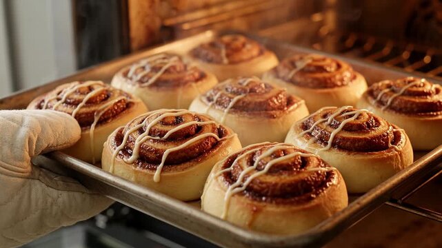 Freshly baked homemade cinnamon rolls steaming on a baking sheet being carefully removed from a hot oven by a baker wearing an oven mitt, the sweet pastries are covered in delicious icing