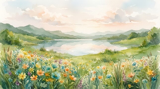 A soft watercolor painting of a serene landscape featuring a calm lake surrounded by rolling green hills and a field of colorful wildflowers in bloom