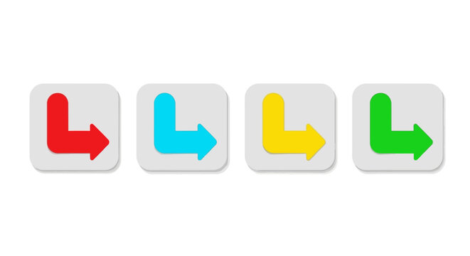 Colorful right angle arrow icons set, flat directional pointer symbols on grey square buttons, 4 vector navigation elements for web interface