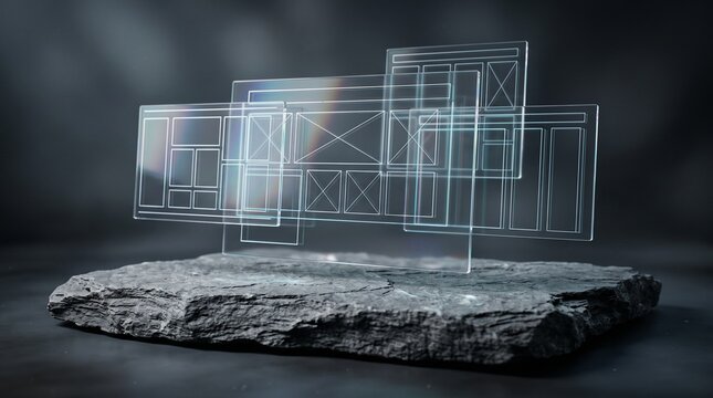 Futuristic glowing UI/UX wireframe mockups showcasing digital design and technology development.
