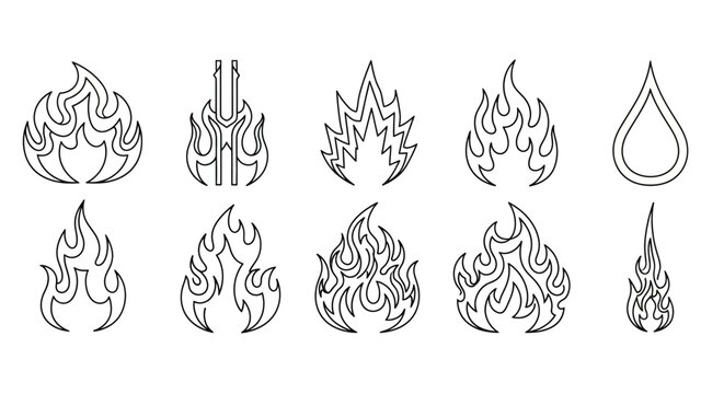 Minimalist fire flame line icons set, 10 black outline bonfire and spark vector elements, simple burning heat symbols for logo design