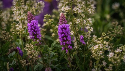 Obraz premium Purple and White Wildflowers Growing in a Lush Garden Setting