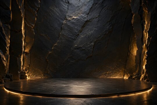 Empty luxury stage made of dark slate rock with golden rim light