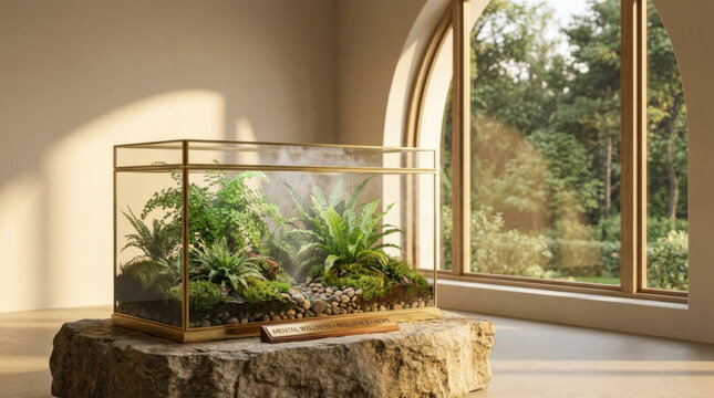 A serene indoor garden in a glass terrarium on a rock base sits by a large window overlooking lush greenery, symbolizing World Mental Health awareness.