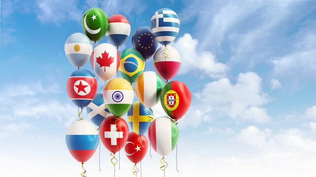 Flying balloons of various countries. 3D illustration