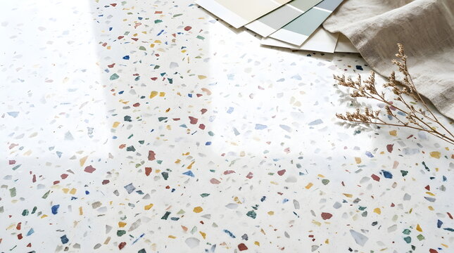 Modern White Terrazzo Surface with Colorful Stone Chips Texture