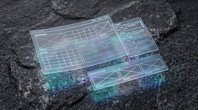 Holographic Web Design Wireframes: Conceptual UI/UX Layouts on Dark Rocky Surface.