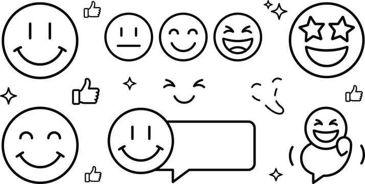 Minimalist black outline emoji vector asset pack featuring happy smileys neutral expressions star eyes thumbs up and chat bubbles