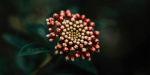 Obraz premium Closeup of Red and Cream Flower Buds on Dark Green Background