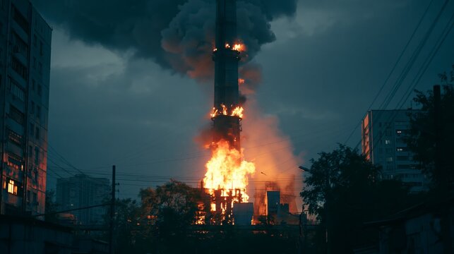 Industrial factory building with big chimney on fire at night emitting heavy smoke.