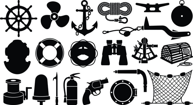 Collection of Nautical Equipment Silhouettes Featuring Anchors, Ship Wheels, Ropes, and Marine Safety Tools