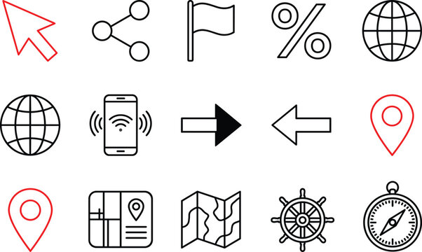 Minimalist navigation map vector icon set featuring red accents on location pin pointers mouse cursor and travel signs