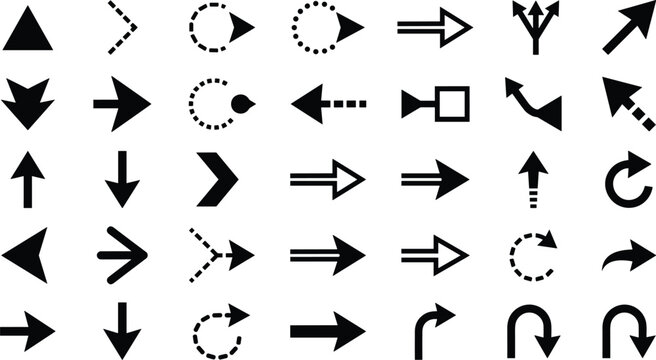 A diverse collection of black arrow icons and symbols representing various directions and actions including solid filled outlined dashed and curved pointers
