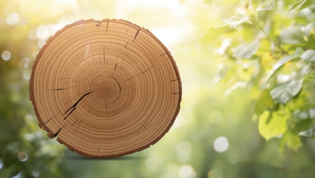 Wooden Tree Trunk Slice Isolated in Soft Natural Light - Green Leafy Background