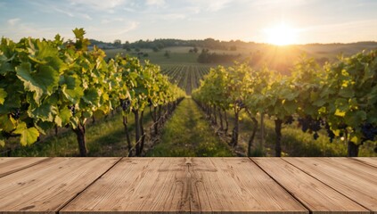 Obraz premium Vineyard at Sunset with Wooden Table in Foreground and Scenic Landscape