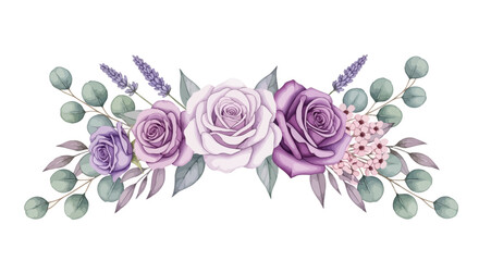 Purple rose floral border vector, elegant lavender flower bouquet with eucalyptus leaves, romantic lilac blossom arrangement for wedding invitations © Stephen
