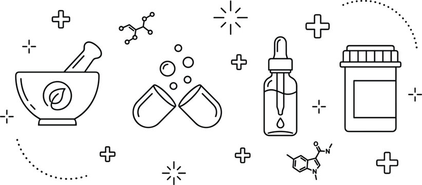 Natural pharmacy herbal medicine vector line icon set with mortar pestle open capsule dropper bottle and chemical formula