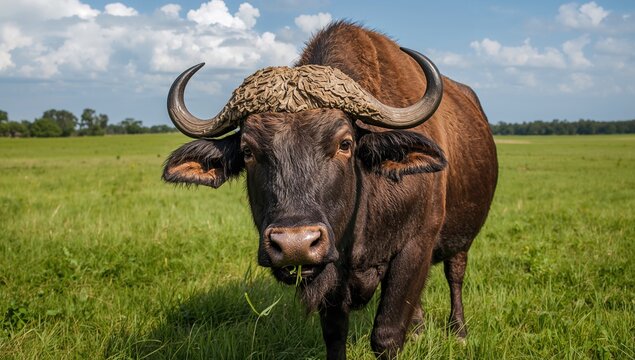 Water Buffalo Grazing in a Green Field Under a Bright Blue Sky