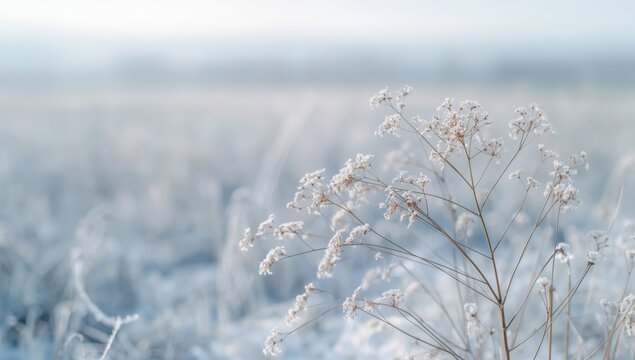Snowy winter background featuring dried Queen Ann Lace stalks and copy space