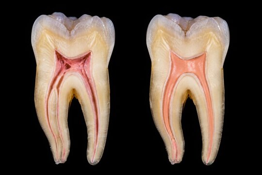 Comparison of healthy dental pulp and pulp necrosis inside a longitudinal sectioned molar. Educational visualization for endodontic diagnosis, pathology and root canal treatment concepts.