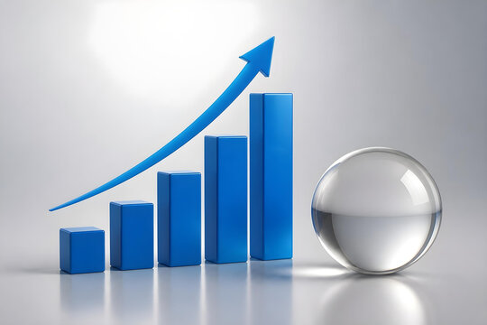 3D render of an upward-trending bar graph and a clear sphere, symbolizing growth.