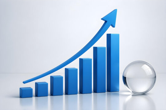 3D render of an upward trending bar graph with a blue arrow and a clear sphere, symbolizing growth, success, and positive business trends on a clean background.