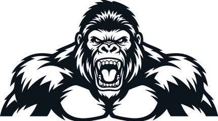 Fototapeta premium Aggressive gorilla mascot illustration featuring a detailed monochromatic black and white design with sharp lines