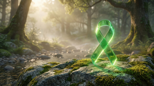 Mental Health Awareness Green Ribbon in Forest with Mossy Rocks and Trees