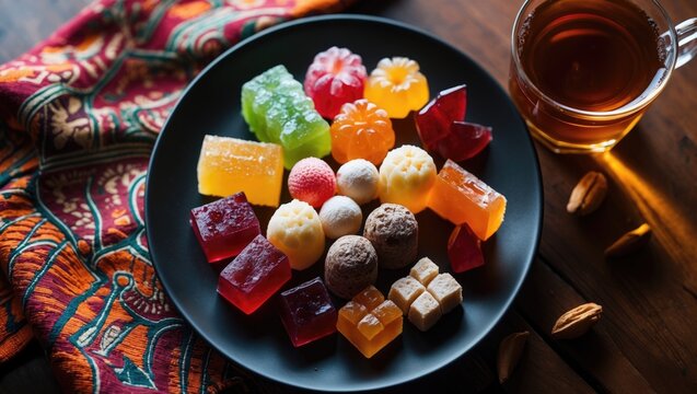 Tea in an armudu glass accompanied by oriental delight rahat lokum on a metal tray placed on a wooden surface with a tablecloth