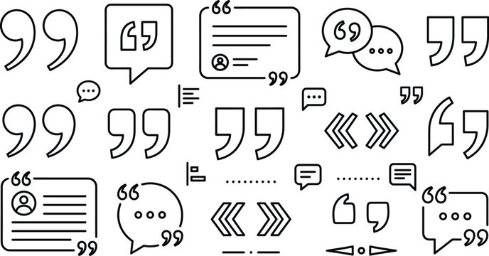 Quote and testimonial bubble vector icon set featuring quotation marks citation comment box text remark message feedback block.