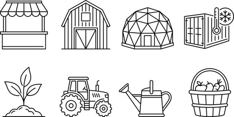 Smart agriculture farming vector line icon set with barn tractor geodesic dome greenhouse refrigerated container and market stall © MDSAIFUL