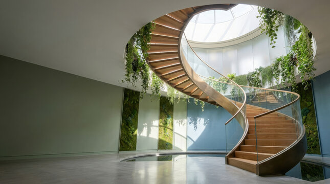 A spiral staircase with greenery and a skylight in a modern interior design concept