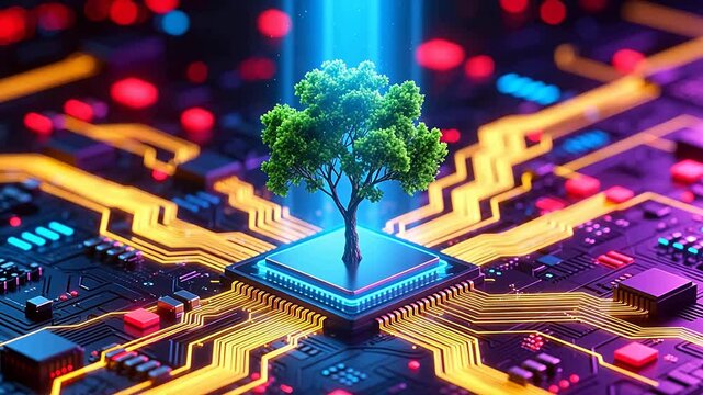 Green tree on glowing blue chip
