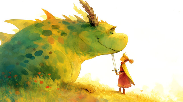 Young girl in a red dress and yellow cape stands beside a large green dragon with a friendly expression in a colorful, whimsical landscape filled with flowers