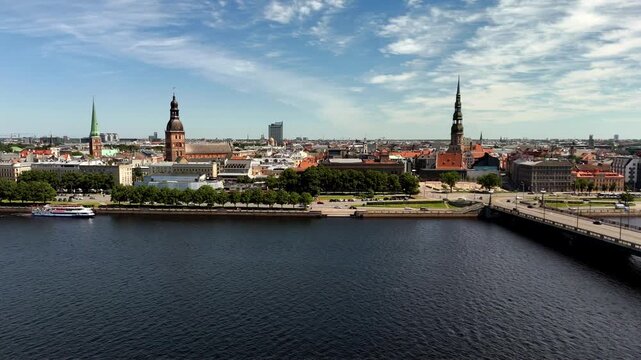 4k Drone Footage Over Historic Riga Old Town and Daugava River