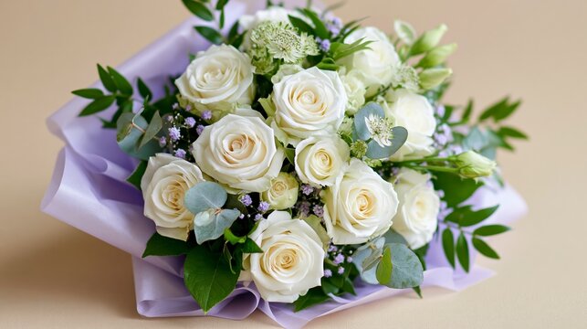 Elegant bouquet of white roses and greenery wrapped in purple paper for celebration gift.