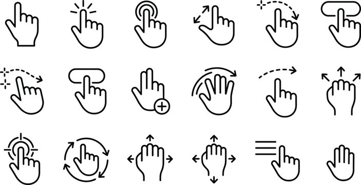 Touch screen hand gesture vector icon set featuring click pinch swipe scroll tap zoom multi touch pointer cursor.